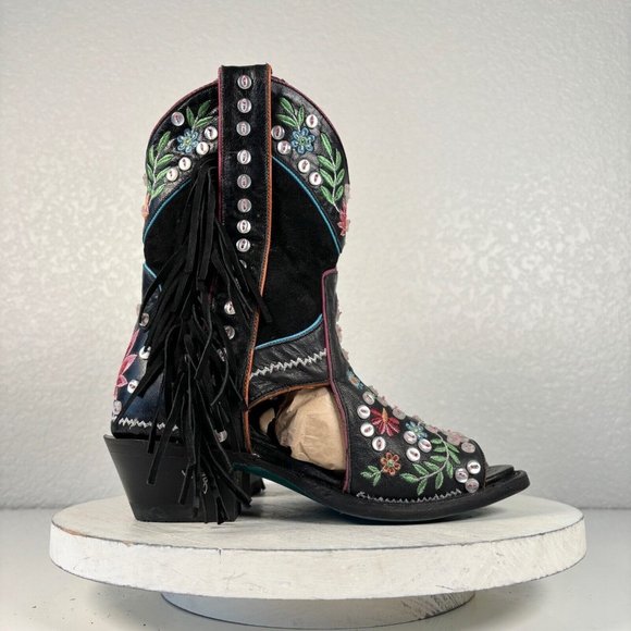 NEW Lane Cactus Button Black Cowboy Bootie 6 Fringe Suede Western Ankle Boots - Picture 2 of 9